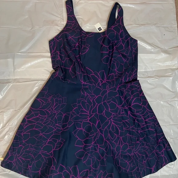 NWT GAP Floral Fit &Flare Dress In Navy Blue/ Fuchsia Purple Size 16 - Picture 5 of 12